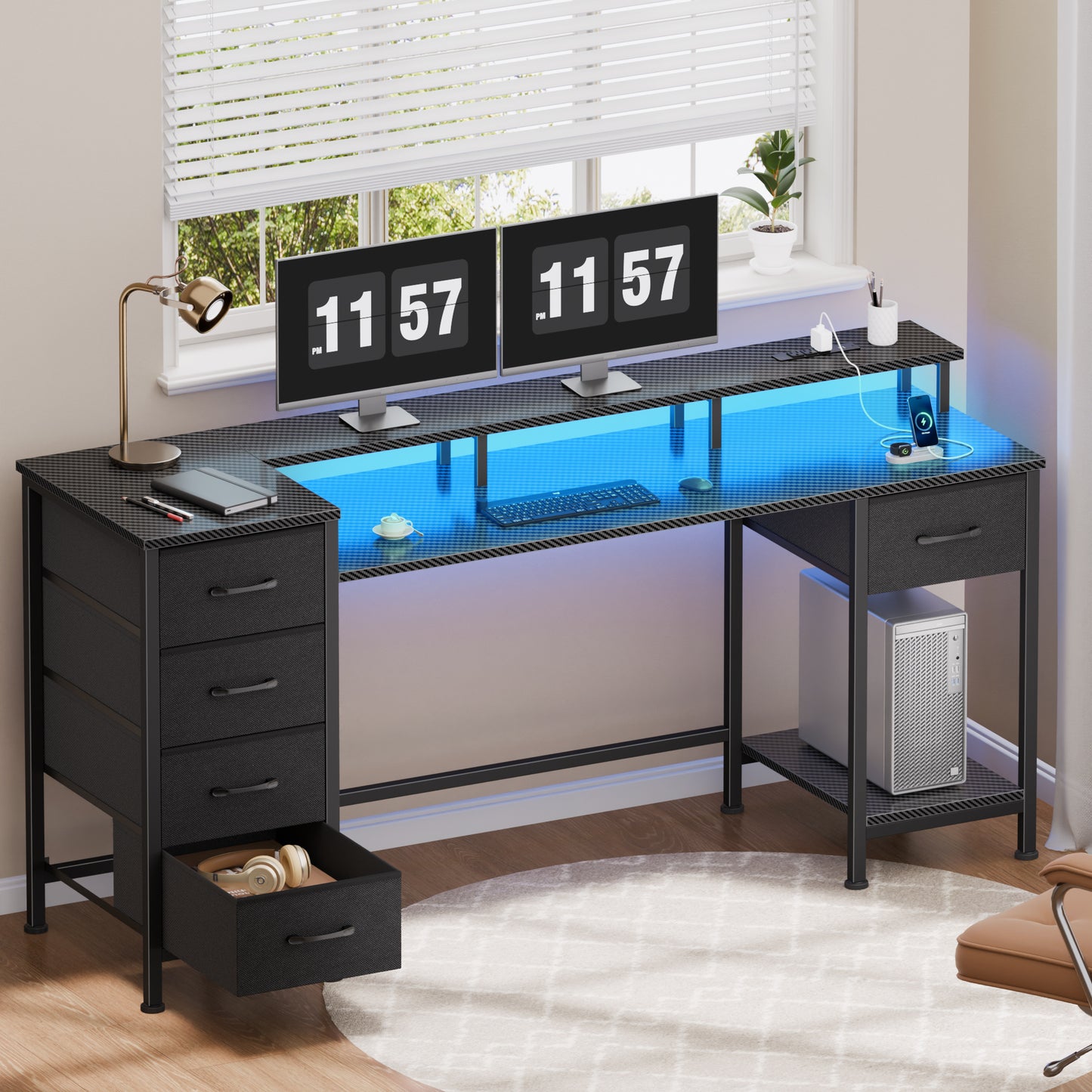 Satifur Gaming Desk with LED Lights & Power Outlets, 55" Computer Desk with 5 Fabric Drawers & Open Storage, Reversible Home Office Desk,Carbon Fiber Black
