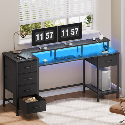 Satifur Gaming Desk with LED Lights & Power Outlets, 55" Computer Desk with 5 Fabric Drawers & Open Storage, Reversible Home Office Desk,Carbon Fiber Black