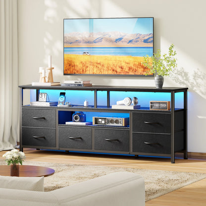 Tydimor 55 Inch TV Stand with LED Lights & Charging Power Station, 6 Fabric Drawer Dresser, Multifunctional Media Console, Sideboard Storage Cabinet, Entryway Hallway Table Fits 32-70 Inch TV