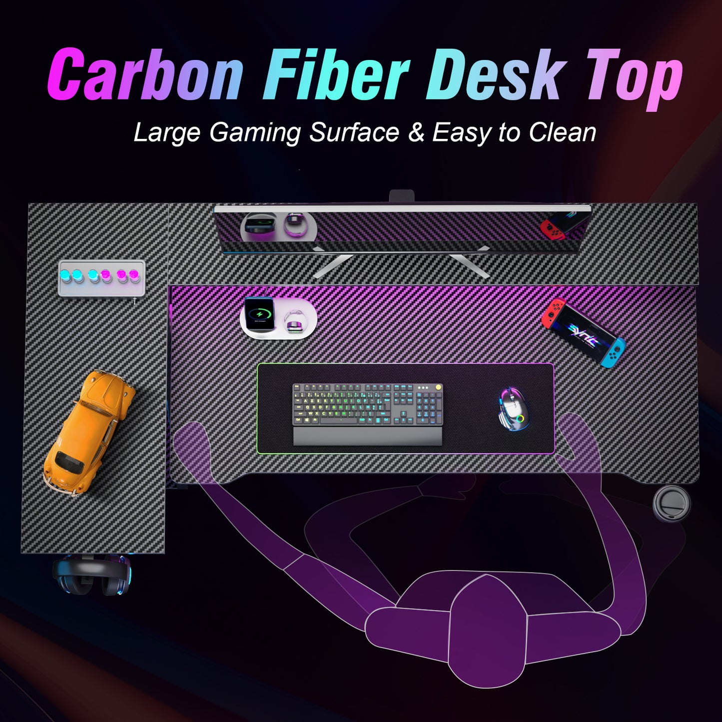 Satifur 55" Pro L-Shaped Gaming Desk Black, RGB LED, Power Hub & Monitor Riser for Ultimate Setup