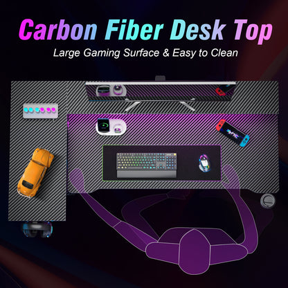 Satifur 55" Pro L-Shaped Gaming Desk Black, RGB LED, Power Hub & Monitor Riser for Ultimate Setup