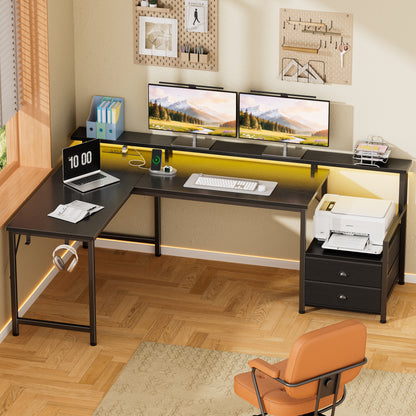 Satifur 57" L-Shaped Gaming Desk with LED Lights & Power Outlets, Computer Desk with Drawers & Printer Stand, Black