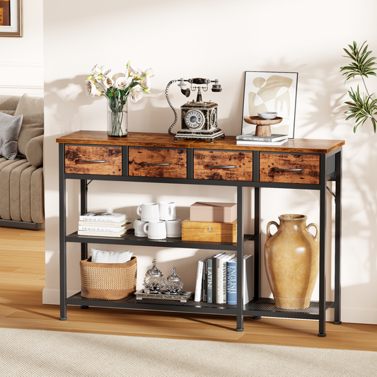 Satifur 47" Entryway Table with 4 Fabric Drawers, Console Table Metal Frame Sofa Table with 3 Shelves for Living Room and Hallway, Rustic Brown