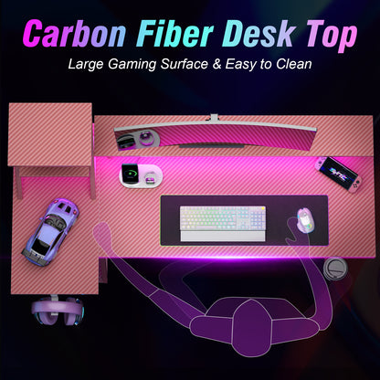 Satifur 47" Carbon Fiber Gaming Desk L-Shaped Computer Desk, RGB Lights & Power Outlets, Pink