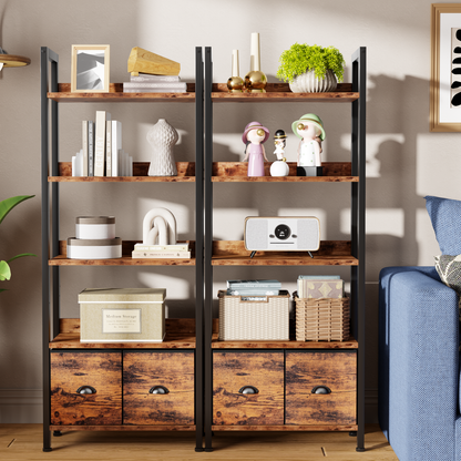 Iezza 5 Tier Rustic Brown Industrial Bookcase, Tall Storage Organizer with Detachable Drawers, Waterproof & Easy Clean Shelving for Bedroom, Kitchen, Entryway