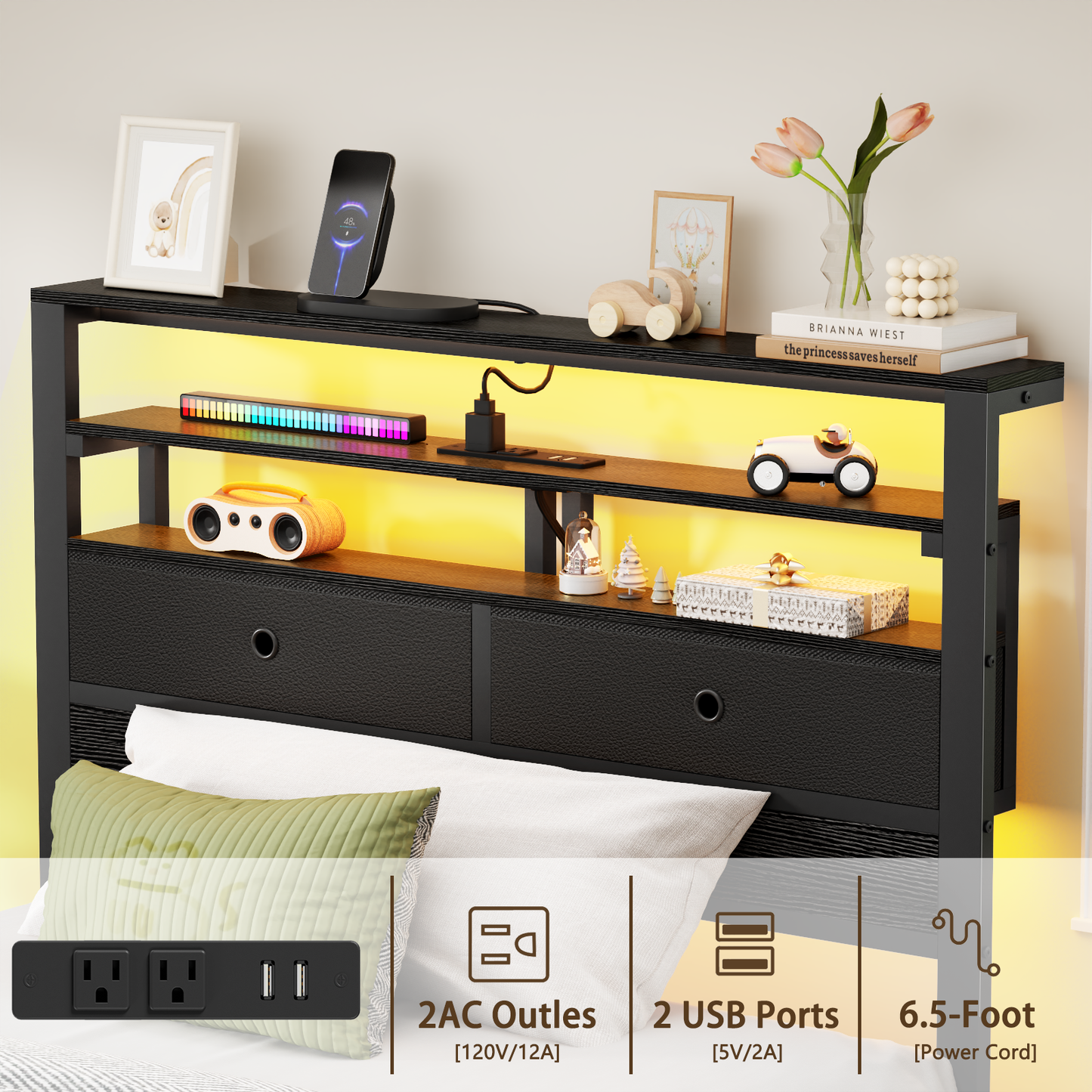 Satifur Twin Size Bed Frame with 2 Storage Drawers Headboard, LED & Charging Station, Black oack