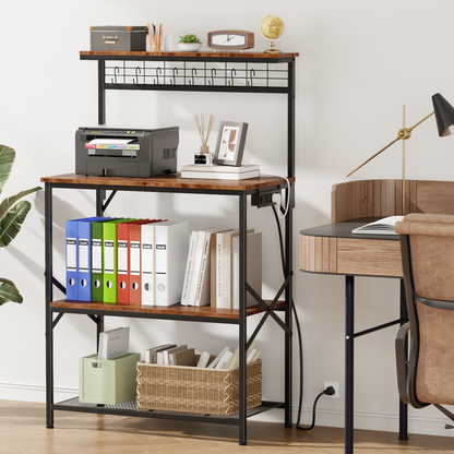 Tydimor Bakers Rack with Power Outlet, Kitchen Microwave Stand, 4-Tier Coffee Bar Table, Space-Saving Kitchen Storage Shelf, Rustic Brown