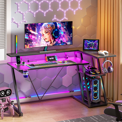 Satifur 55" Pro L-Shaped Gaming Desk Black, RGB LED, Power Hub & Monitor Riser for Ultimate Setup