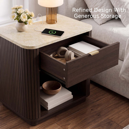 Satifur Wooden Nightstand with Charging Station, 1 Drawer Fluted Night Stand with Storage, Modern Bedside Table End Table for Bedroom Living Room, Walnut