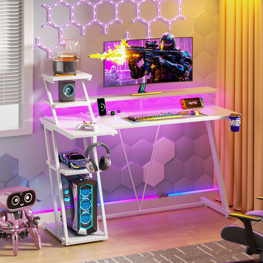 Satifur 47" Carbon Fiber Gaming Desk L-Shaped Computer Desk, RGB Lights & Power Outlets, White