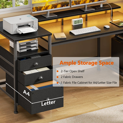 Satifur Computer Desk with 4 Drawers, 61 Inch Reversible Desk with Led Lights & Power Outlet, Home Office Desk with File Drawer & Monitor Stand, Black