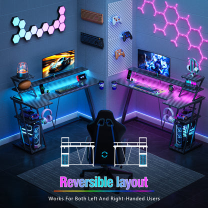 Satifur 55" Carbon Fiber Gaming Desk L-Shaped Computer Desk, RGB Lights & Power Outlets, Black