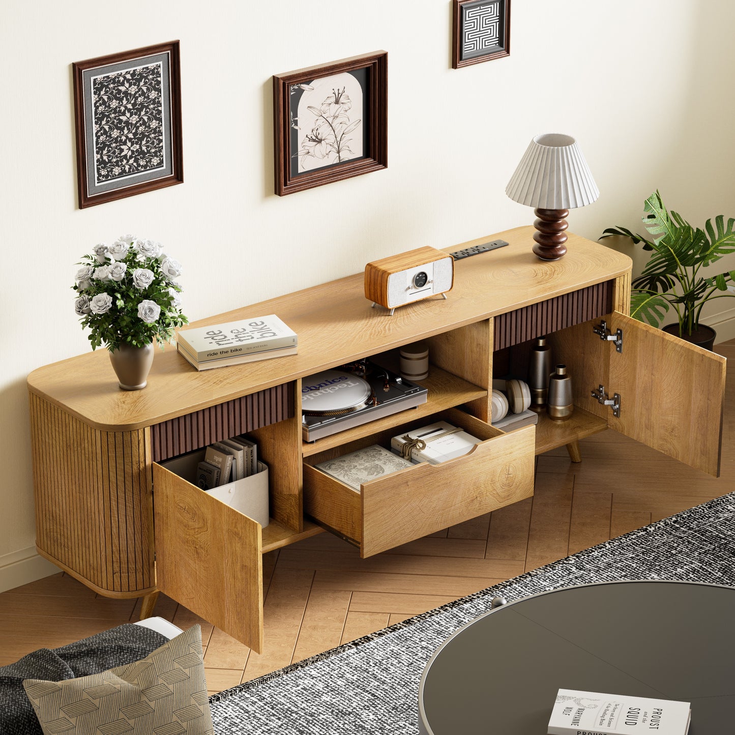 Tydimor TV Stands with Power Outlets, Entertainment Center Dresser for Living Room, Media Console Table with 2 Cabinets & 1 Drawer, Natural