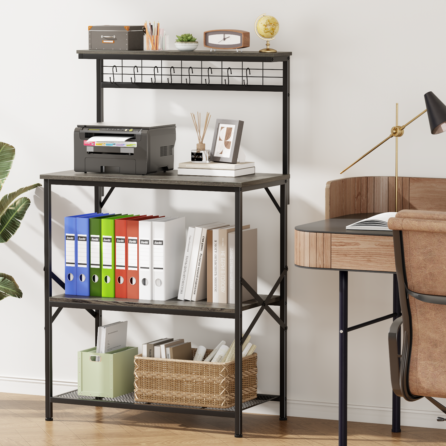 Tydimor Bakers Rack with 8 Hooks, Kitchen Microwave Stand, 4-Tier Coffee Bar Table, Space-Saving Kitchen Storage Shelf, Light Black Oak