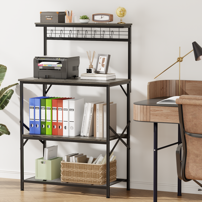 Tydimor Bakers Rack with 8 Hooks, Kitchen Microwave Stand, 4-Tier Coffee Bar Table, Space-Saving Kitchen Storage Shelf, Light Black Oak