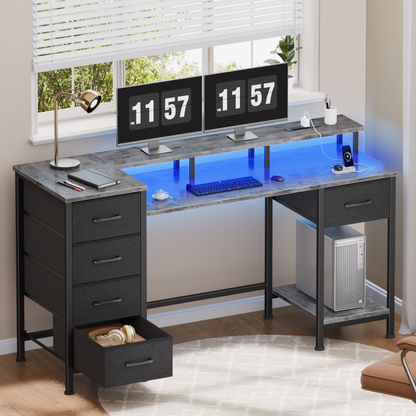 Satifur Gaming Desk with LED Lights & Power Outlets, 47" Computer Desk with 5 Fabric Drawers & Open Storage, Reversible Home Office Desk,Grey