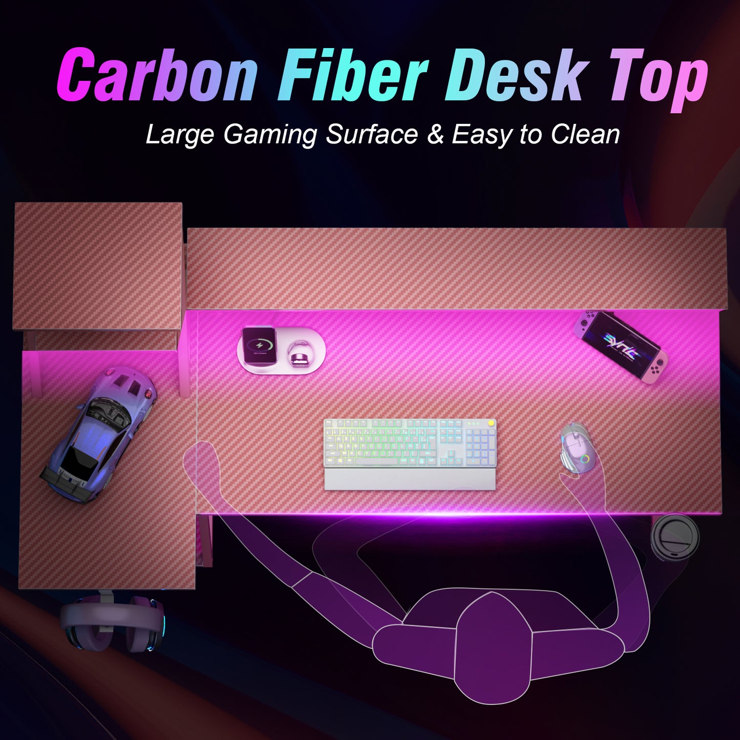 Satifur 39" Carbon Fiber Gaming Desk L-Shaped Computer Desk, RGB Lights & Power Outlets, Pink