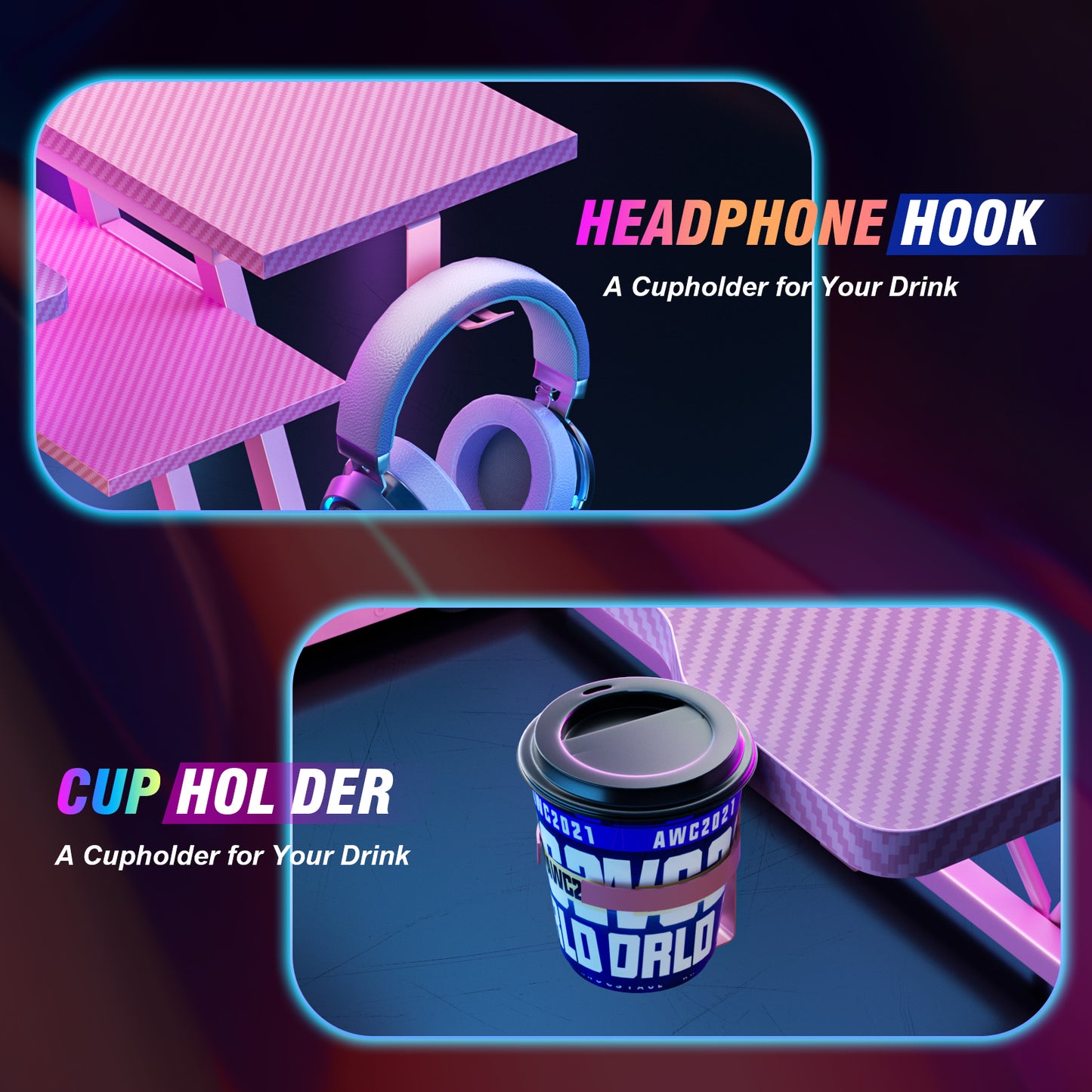 Satifur 55" Pro L-Shaped Gaming Desk Pink, RGB LED, Power Hub & Monitor Riser for Ultimate Setup