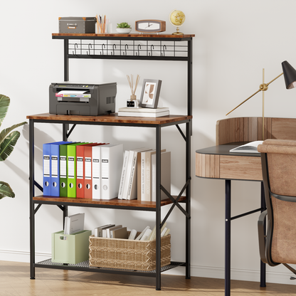 Tydimor Bakers Rack with 8 Hooks, Kitchen Microwave Stand, 4-Tier Coffee Bar Table, Space-Saving Kitchen Storage Shelf, Rustic Brown