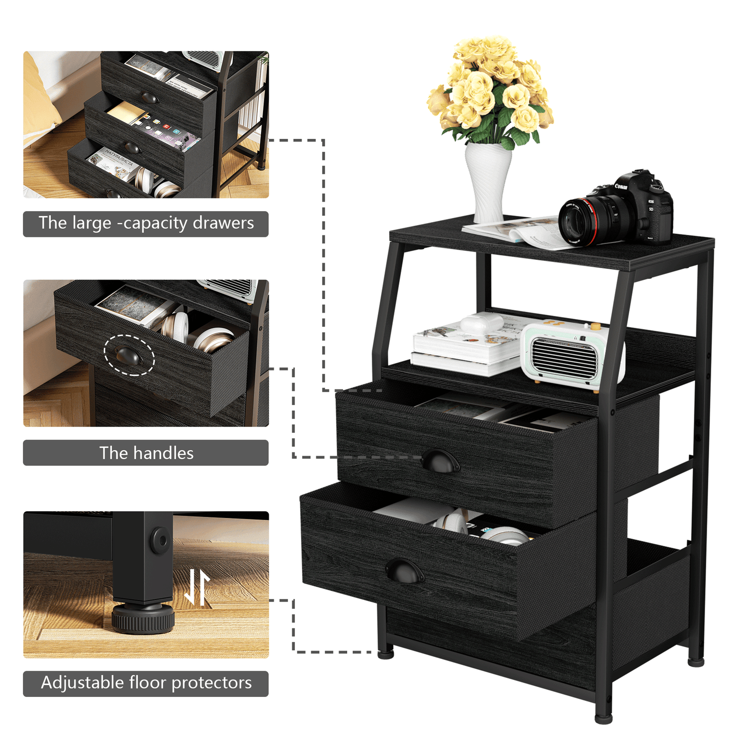 TYDIMOR Nightstand Bedside Table, 3 Drawer Dresser for Bedroom Furniture, Steel, Wood, Black Fabric Drawers