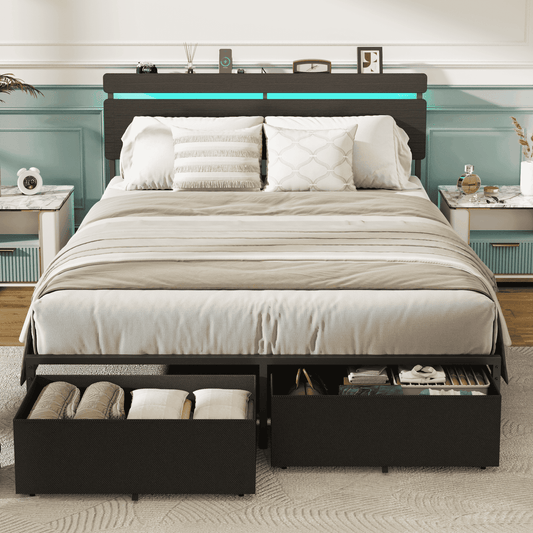 Satifur Queen Size Bed Frame with 2 Drawers & LED Lights & Charging Station, Beds with Headboard & 10.10" Under Bed Storage, No Box Spring Needed, Easy Assembly, Black