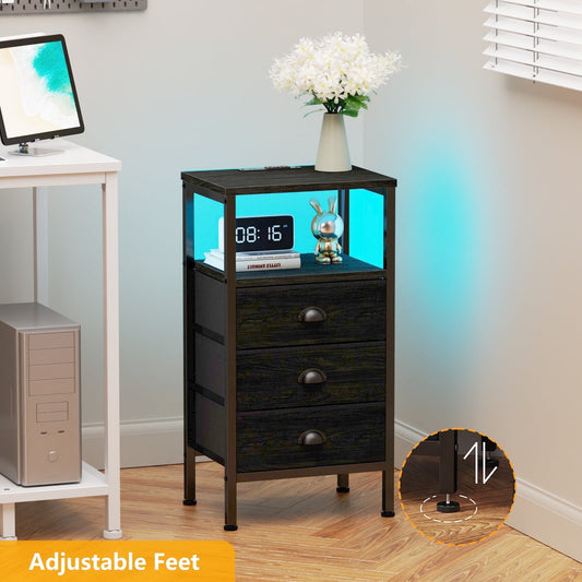 Satifur Night Stand with Charging Station,LED Nightstand with USB Ports and Outlets,Fabric Drawers Bed Side Table,Black Oak