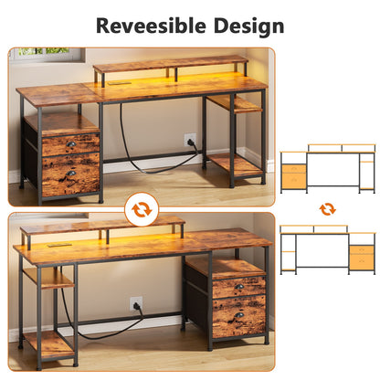 Satifur Desk with Power Outlet,Gaming Desk with LED Lights Fabric File Cabinet Gaming Desk with Outlets, Dual Monitor Stand, Adjustable Shelves, 61in, Rustic Brown