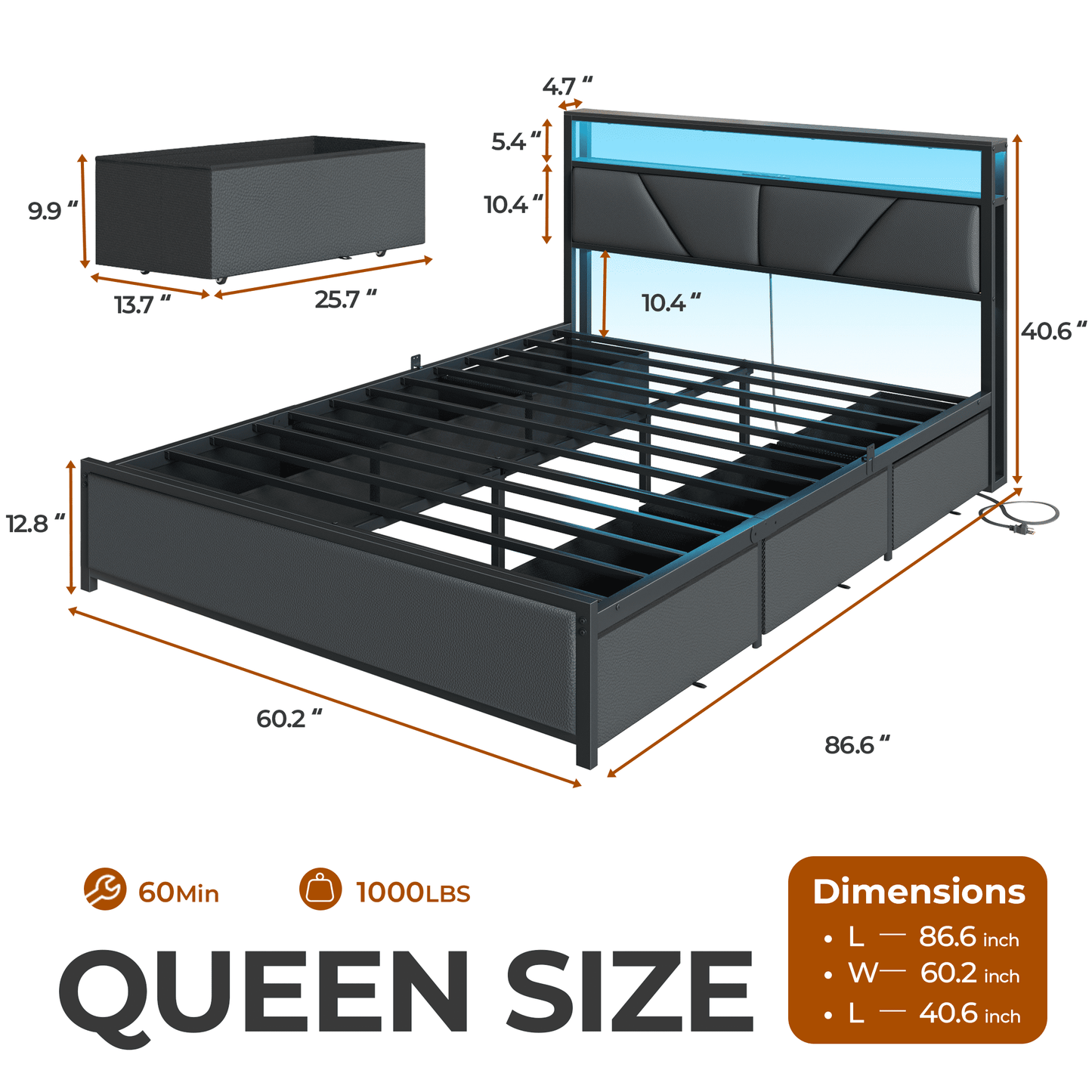 Tydimor Queen Bed Frame with 6 Storage Drawers, Metal Platform Bed Frame with 2-Tier Storage Upholstered Headboard & LED, Built in Charging Station, Noise-Free, No Box Spring Needed, Black