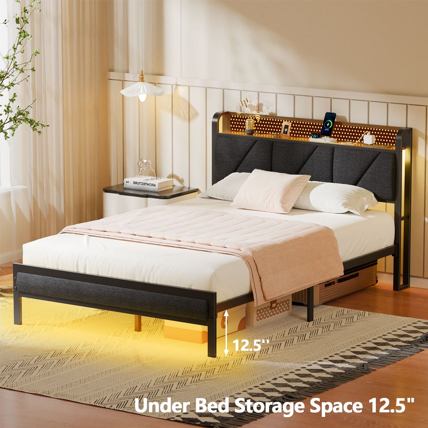 Satifur Full Bed Frame with Upholstered Storage Headboard, Metal Platform Bed Station with Charging Station & LED, Noise-Free. No Box Spring Needed