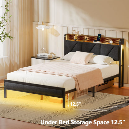 Satifur Full Bed Frame with Upholstered Storage Headboard, Metal Platform Bed Station with Charging Station & LED, Noise-Free. No Box Spring Needed