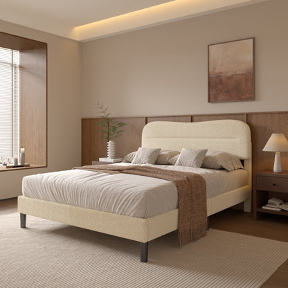 Tydimor Queen Bed Frame with Teddy Velvet Soft Curved Headboard, Platform Bed with Wooden Slats Support, Easy Assembly, Noise-Free, Beige