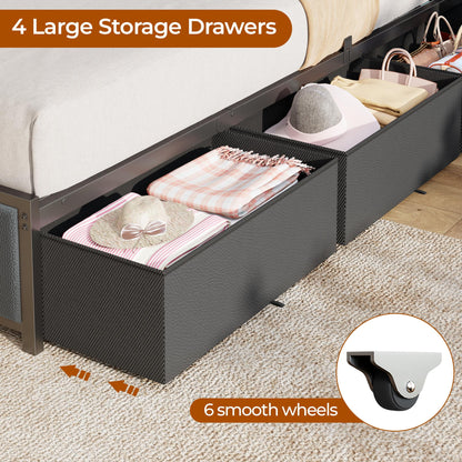 Tydimor Full Bed Frame with 6 Storage Drawers, Metal Platform Bed Frame with 2-Tier Upholstered Storage Headboard & LED, Built in Charging Station, Noise-Free, No Box Spring Needed, Black