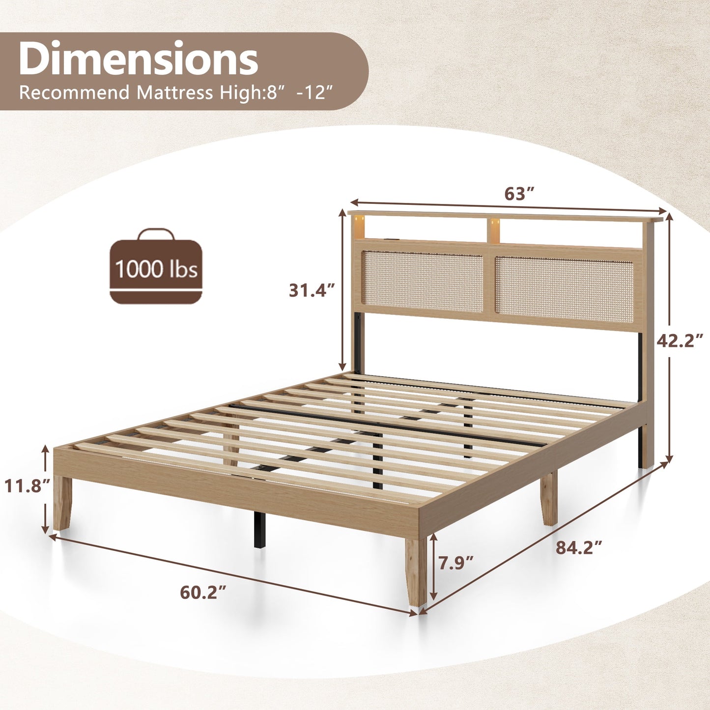 Tydimor Queen Bed Frame with Headboard & Bookcase Storage Shelf, Rattan Beds with Charging Station and LED Lights, No Box Spring Needed
