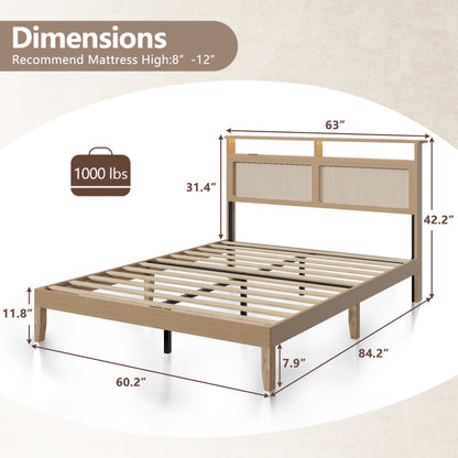 Tydimor Queen Bed Frame with Headboard & Bookcase Storage Shelf, Rattan Beds with Charging Station and LED Lights, No Box Spring Needed