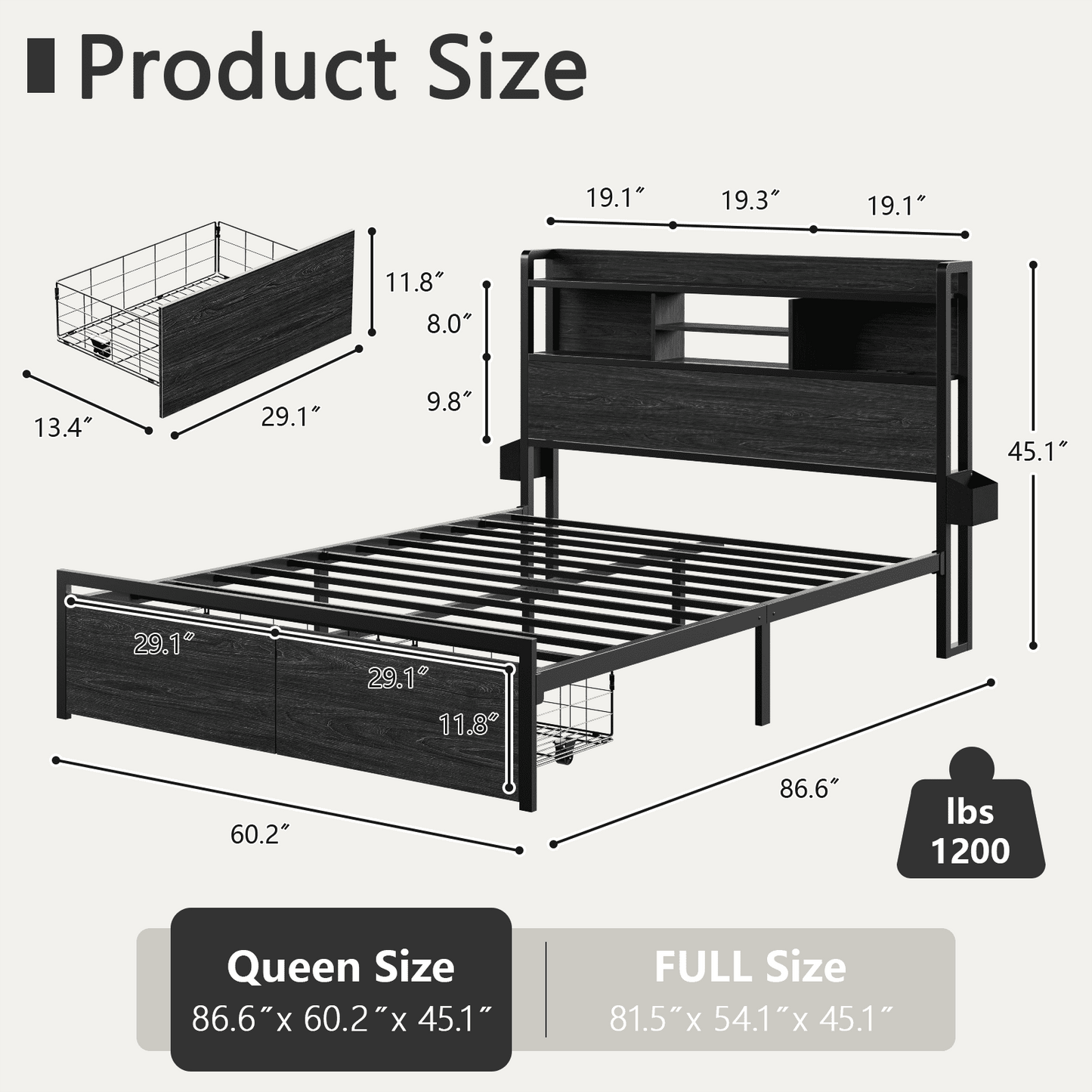 Satifur Queen Bed Frame with 2 Drawers & Headboard Storage Shelf, Noise Free, Black