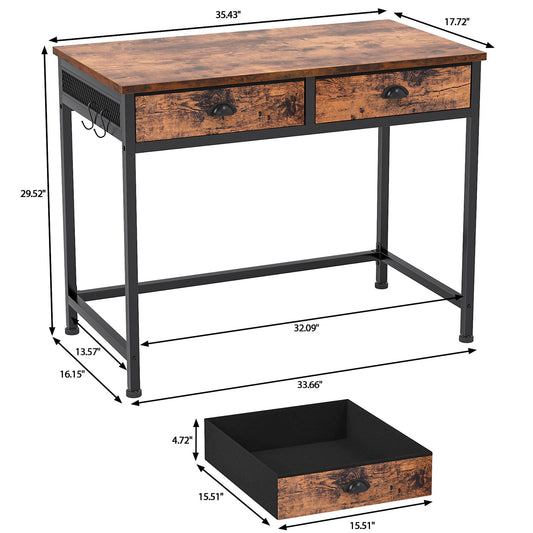 Furologee Computer Desk Home Office Writing Desk with 2 Fabric Drawers, Rustic Brown