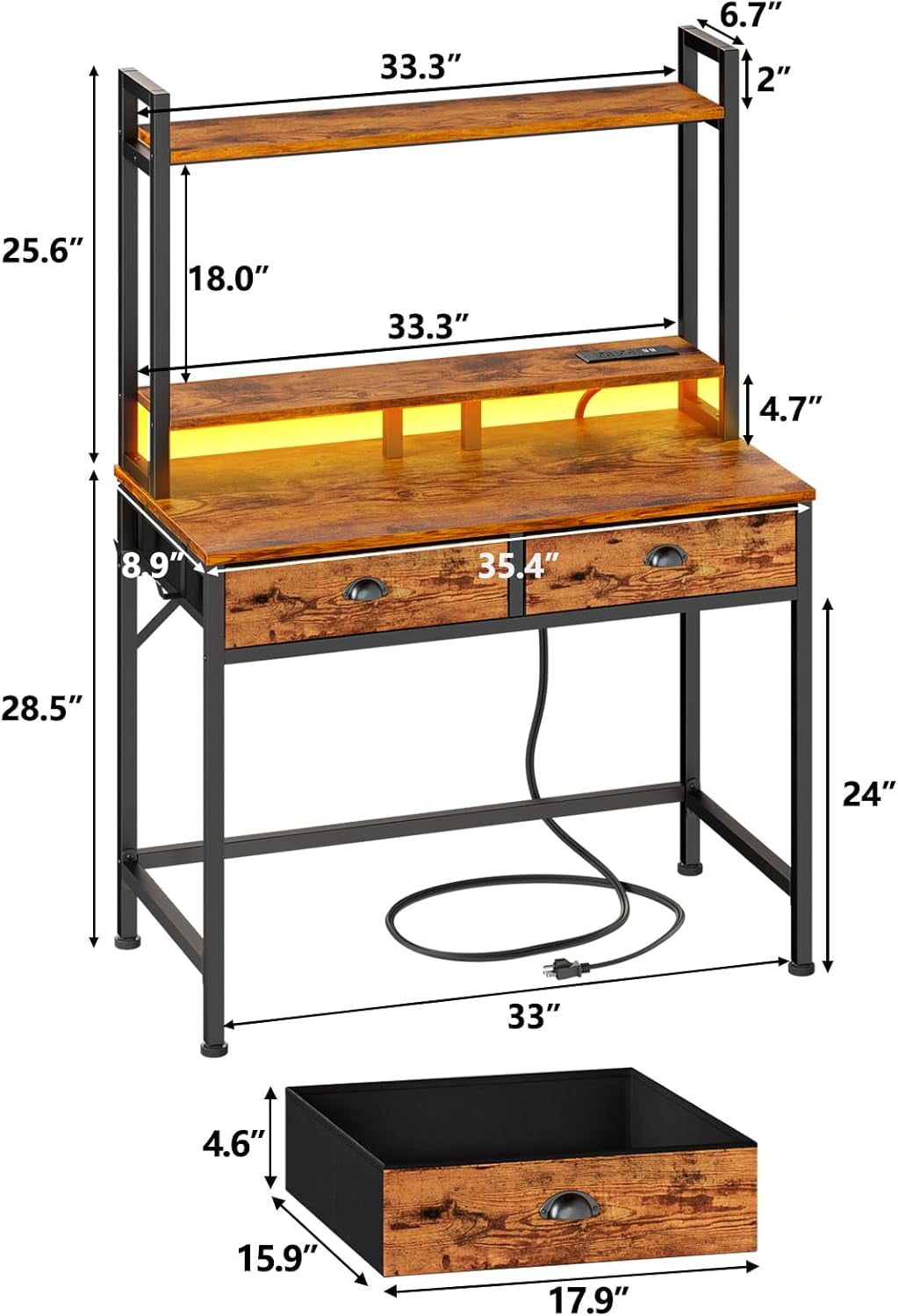 Furologee Small Computer Desk with Power Outlet and 2 Fabric Drawers, Gaming Desk with Light, Home Office Desk with Monitor Stand and Hutch, Study Table with Shelf Rustic Brown