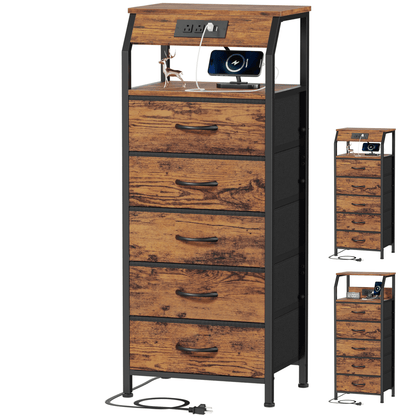 TYDIMOR Tall Dresser for Bedroom, 5 Drawer with Charging Station, Brown, Ideal for Adults