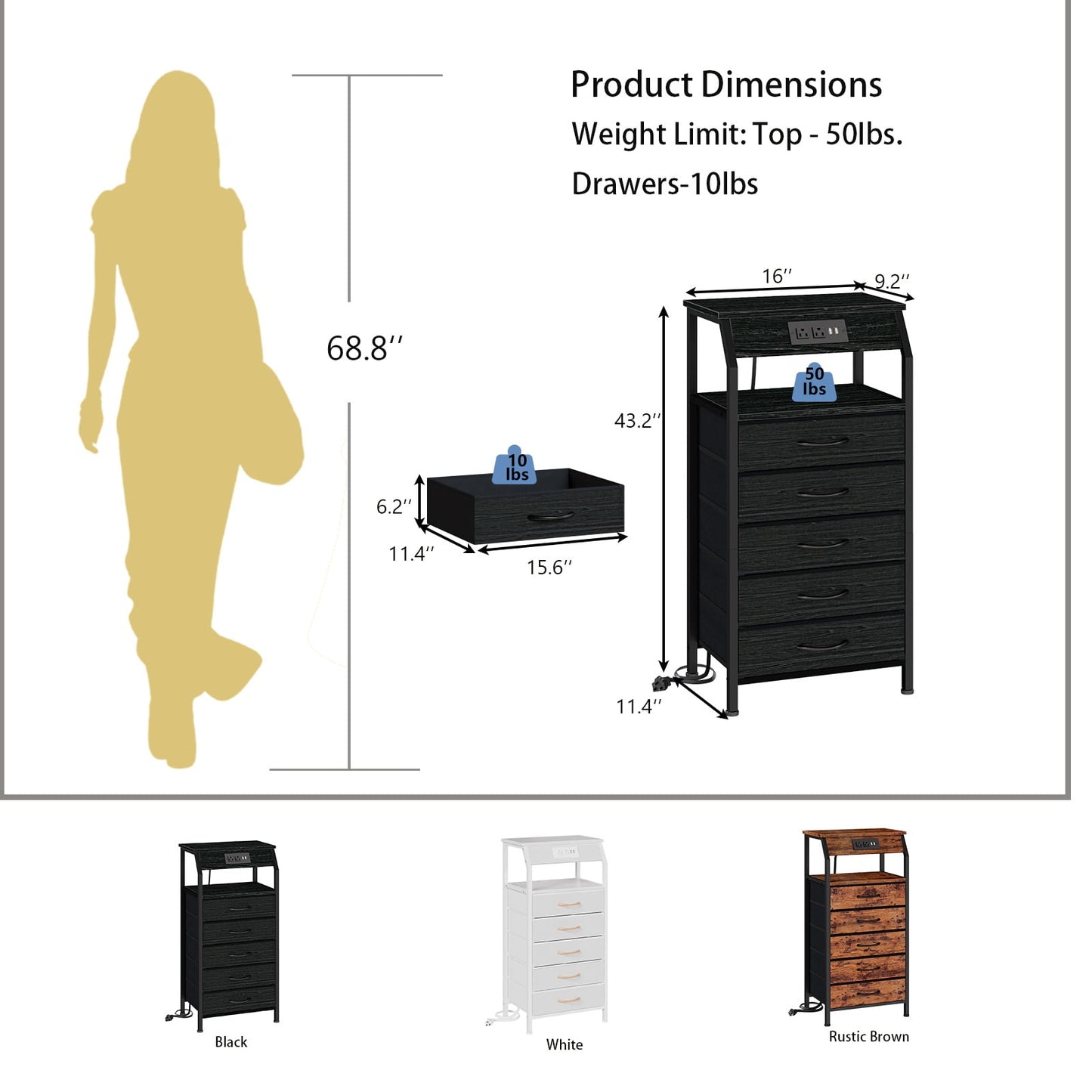 TYDIMOR Tall Dresser for Bedroom, 5 Drawer with Charging Station, Black, Ideal for Adults