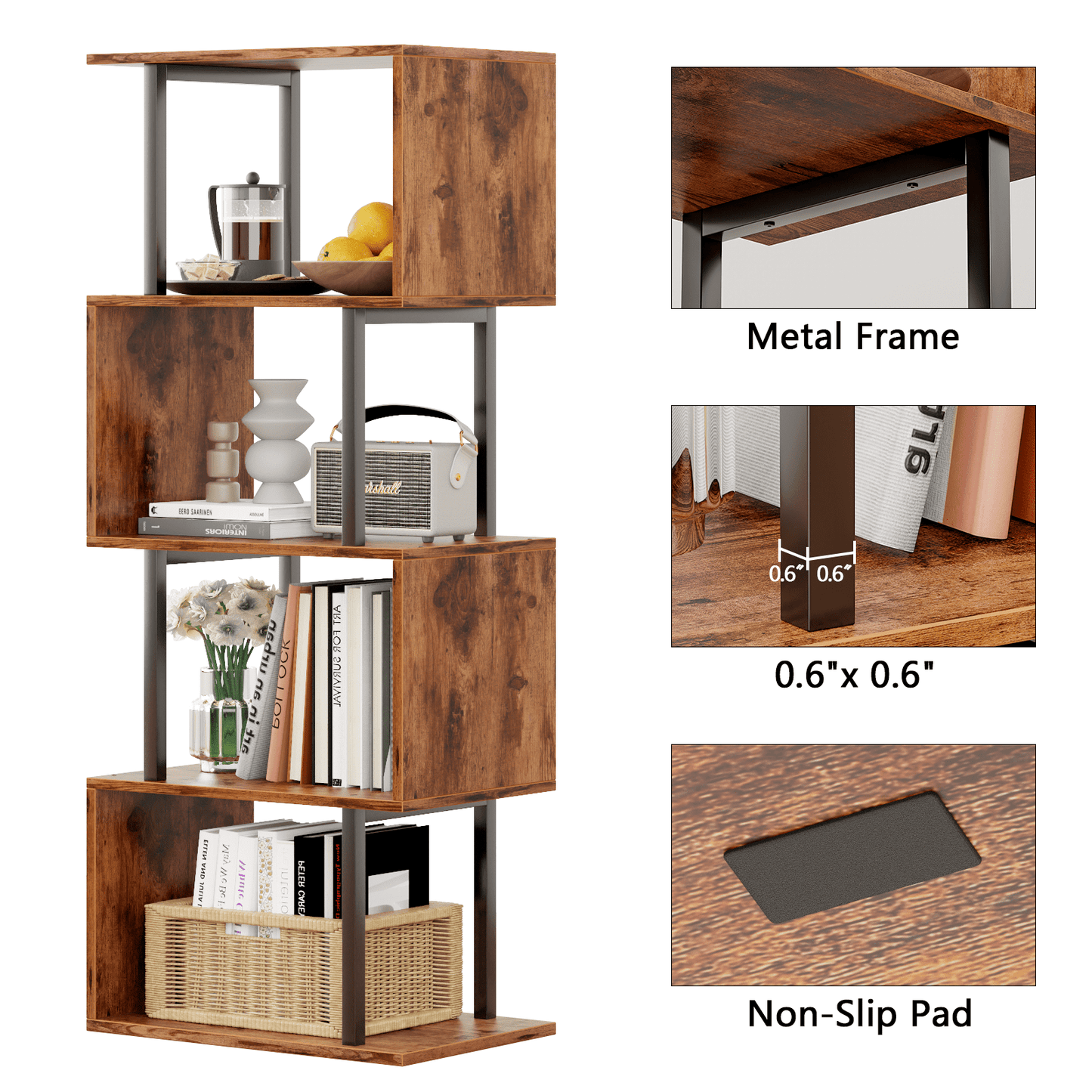 Satifur 4-Tier S-Shaped Geometric Bookcase, Industrial Freestanding Storage Shelving Unit,Rustic Brown