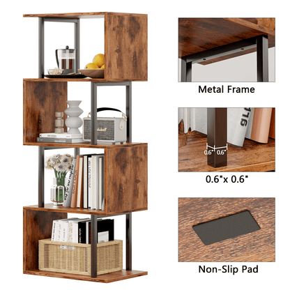 Satifur 4-Tier S-Shaped Geometric Bookcase, Industrial Freestanding Storage Shelving Unit,Rustic Brown