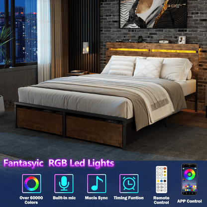 Tydimor Queen Size Bed Frame with 2 Drawers & LED Lights & Charging Station, Beds with Headboard & 10.10" Under Bed Storage, No Box Spring Needed, Easy Assembly, Rustic Brown