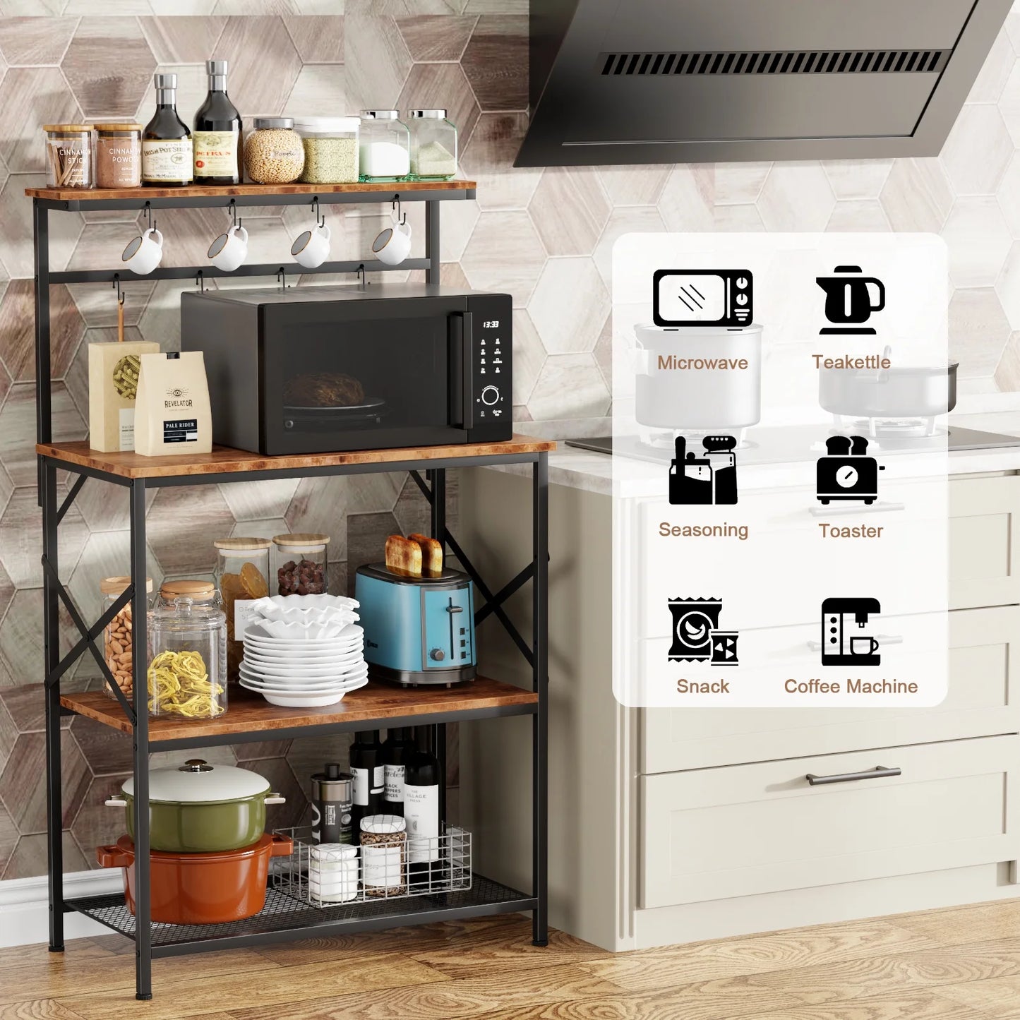 TYDIMOR Kitchen Bakers Rack with Outlets, Coffee Bar Table 4 Tiers Microwave Stand, Brown, 31.5"