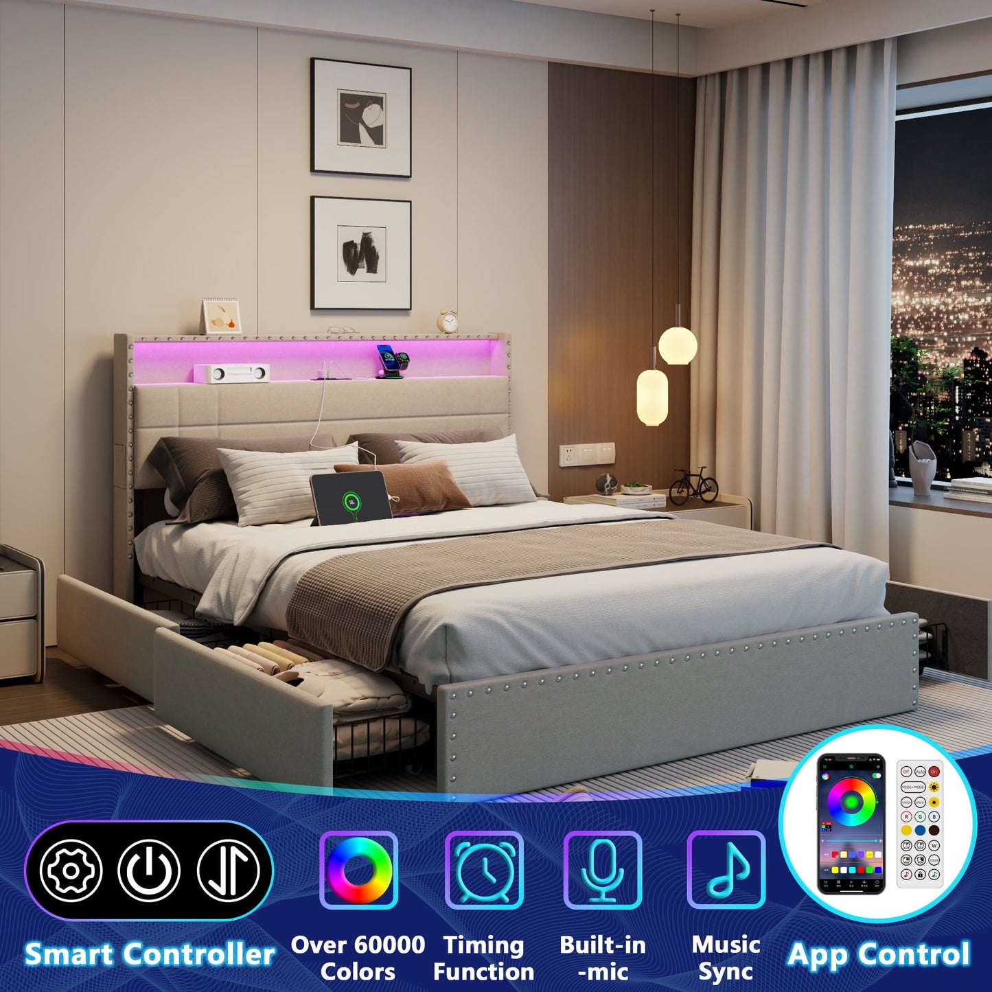 Tydimor Queen Bed Frame with Charging Station, Queen Upholstered Rivet Storage Headboard Platform Beds, Noise-Free, Easy Assembly, Dark Grey