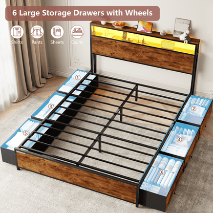 Tydimor Queen Bed Frame with 6 Storage Drawers, Metal Platform Bed Frame with 2-Tier Storage Headboard & LED, Built in Charging Station, Noise-Free, No Box Spring Needed, Rustic Brown
