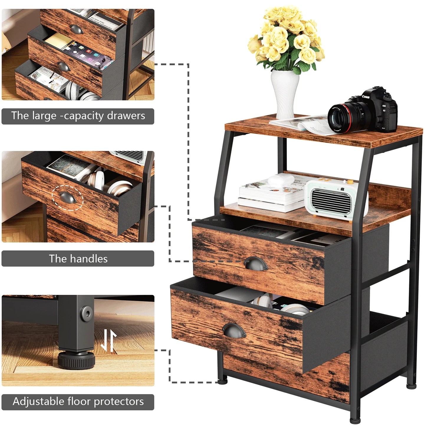 Tydimor Night Stand, Small Dresser 3 Drawer Storage Organizer Furniture for Bedroom, Brown, Adults