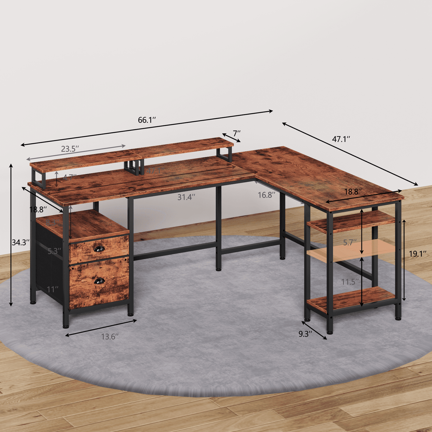 Satifur Computer Desk L-Shaped, Reversible Gaming Desk, Rustic Brown
