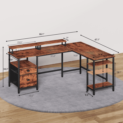 Satifur Computer Desk L-Shaped, Reversible Gaming Desk, Rustic Brown