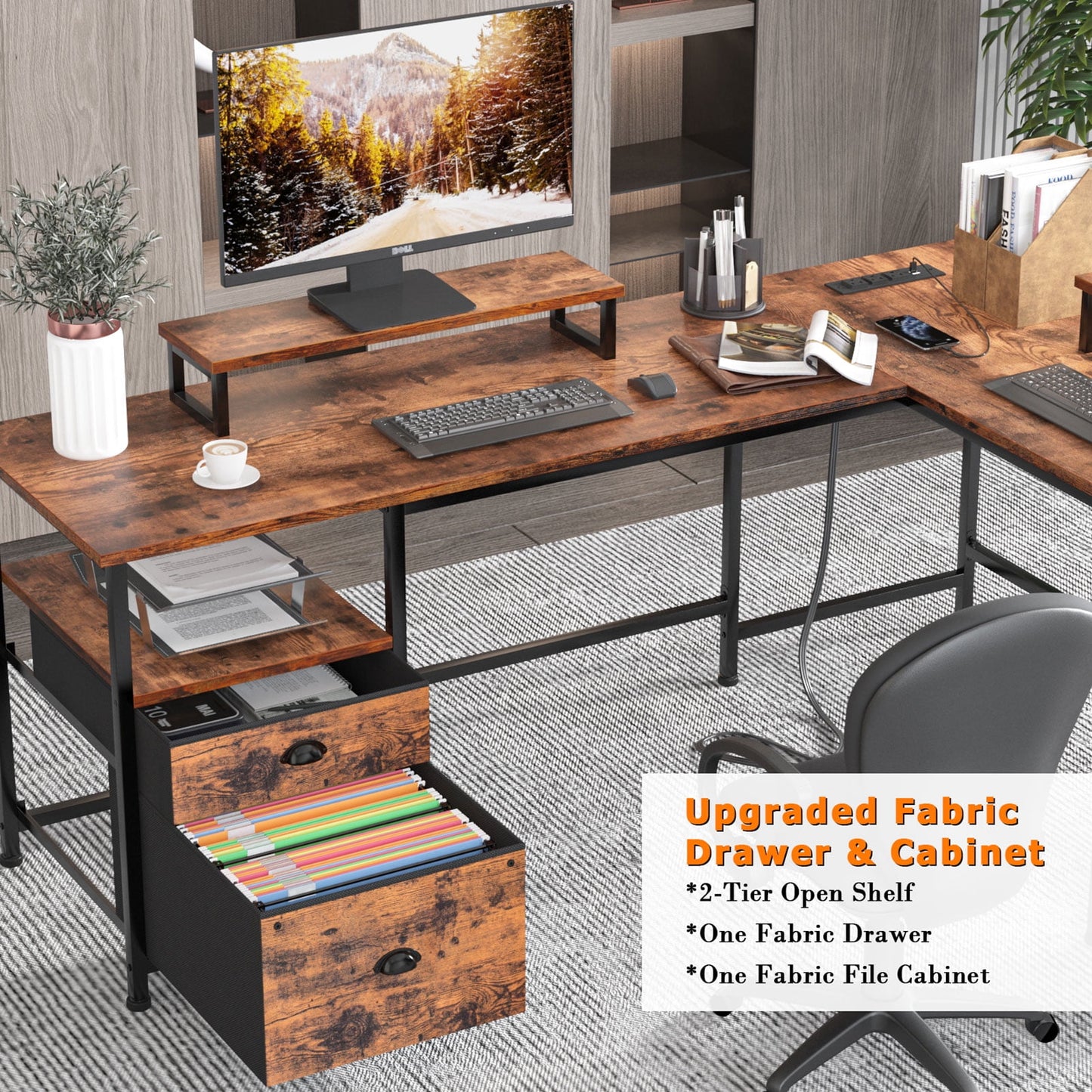 Furologee Computer Desk L-Shaped Reversible Desk with Drawers and 2 Monitor Stands, Rustic Brown