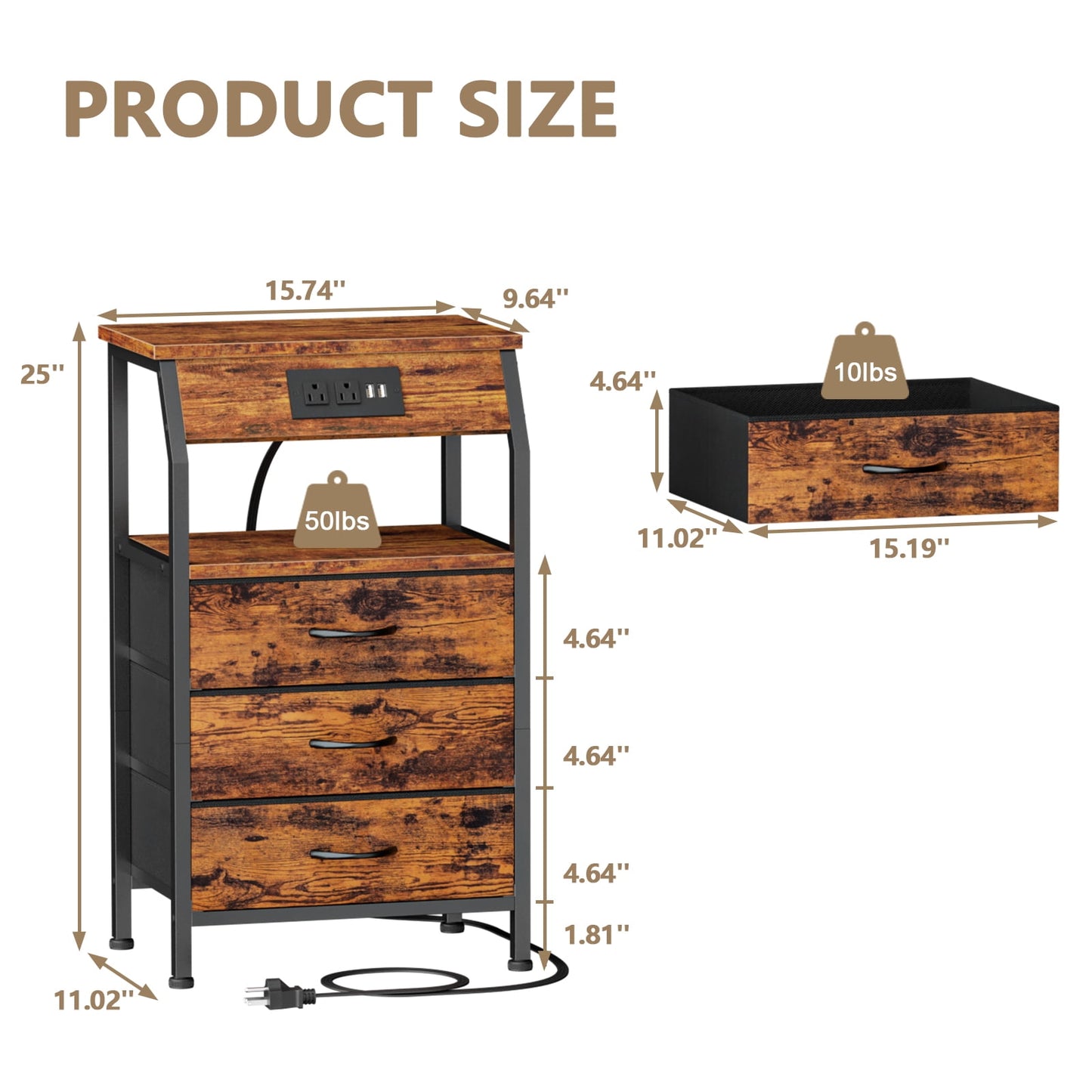 TYDIMOR Nightstand Bedside Table with Charging Station, 3 Drawer Dresser for Bedroom Furniture Steel, Wood, Brown Fabric Drawers